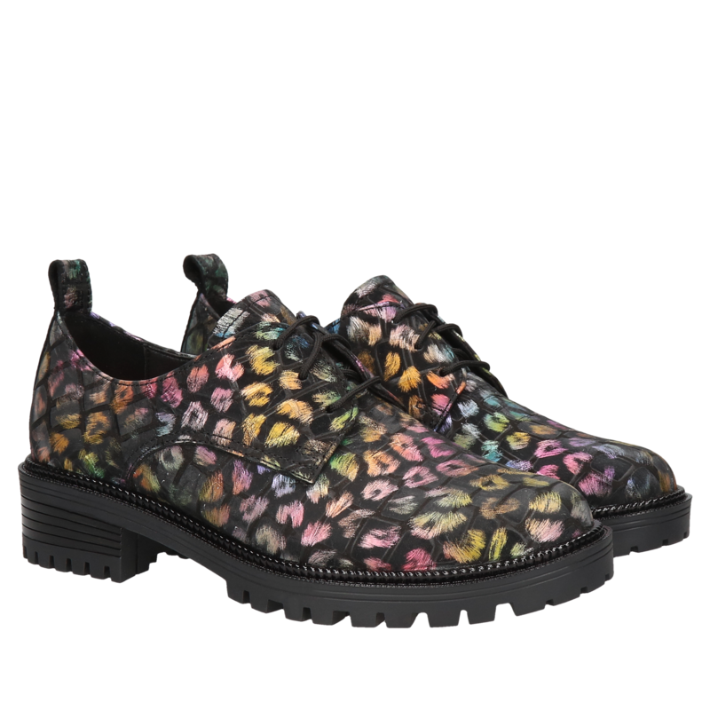 Damskie półbuty wiązane kolorowa panterka, grube podeszwy