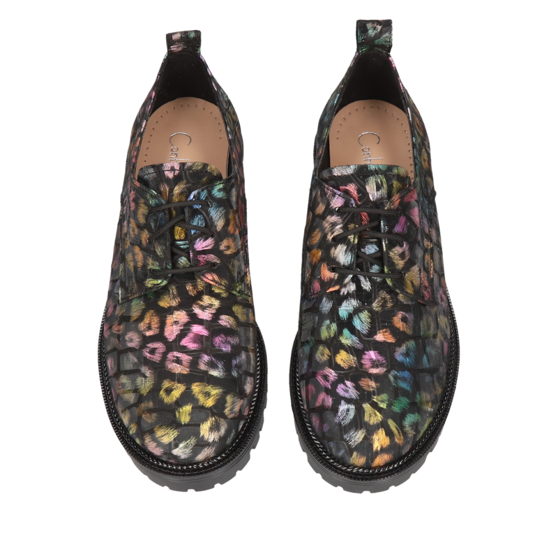 Damskie półbuty wiązane kolorowa panterka, grube podeszwy