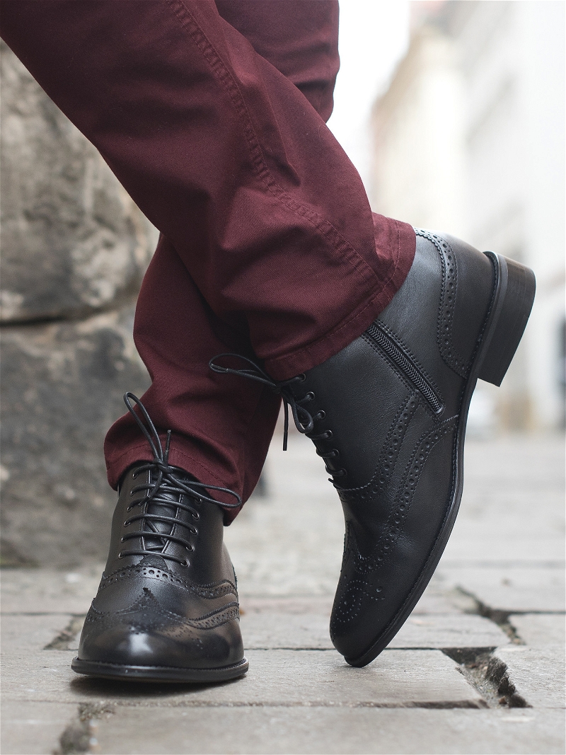 Czarne, eleganckie buty podwyższające, trzewiki z naturalnej skóry licowej, Conhpol - polska produkcja, CH5721-02, Konopka Shoes