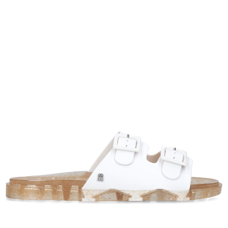 Damskie, białe klapki z pachnącego tworzywa, artystyczna podeszwa, Melissa, Konopka Shoes Damskie, białe klapki z pachnącego tworzywa, artystyczna podeszwa, Melissa, Konopka Shoes
