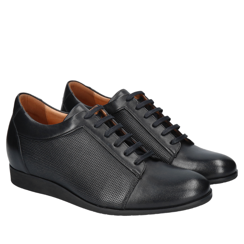 Czarne, sportowe buty podwyższające, sneakersy ze skóry naturalnej, Conhpol - polska produkcja, CH6347-01, Konopka Shoes