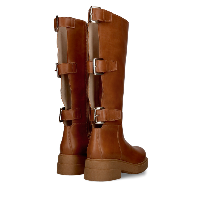 Kozaki ze skóry licowej, brązowe z klamrami, Conhpol, Konopka Shoes