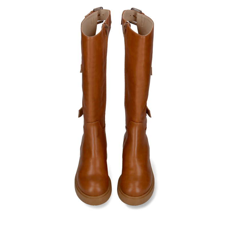 Kozaki ze skóry licowej, brązowe z klamrami, Conhpol, Konopka Shoes