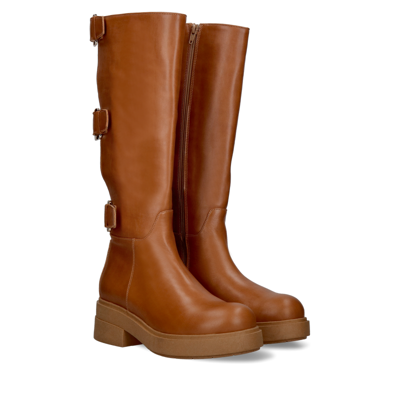 Kozaki ze skóry licowej, brązowe z klamrami, Conhpol, Konopka Shoes