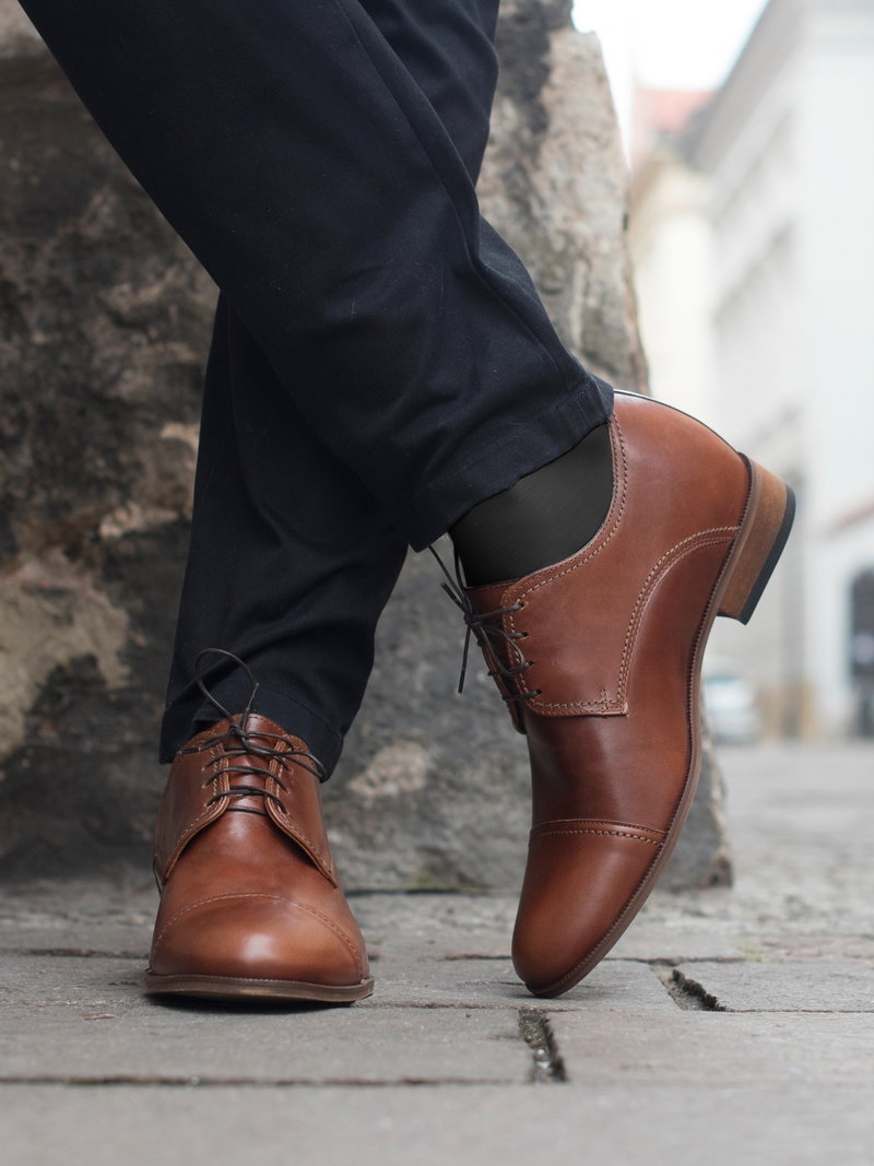 Buty podwyższające brązowe męskie, klasyczne derby, skóra licowa, buty do ślubu, Conhpol, Konopka Shoes