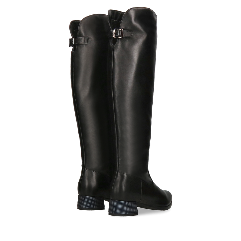 Kozaki czarne nad kolano na niskim obcasie, skórzane kozaki damskie koty