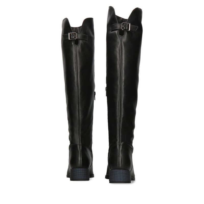 Kozaki czarne nad kolano na niskim obcasie, skórzane kozaki damskie koty