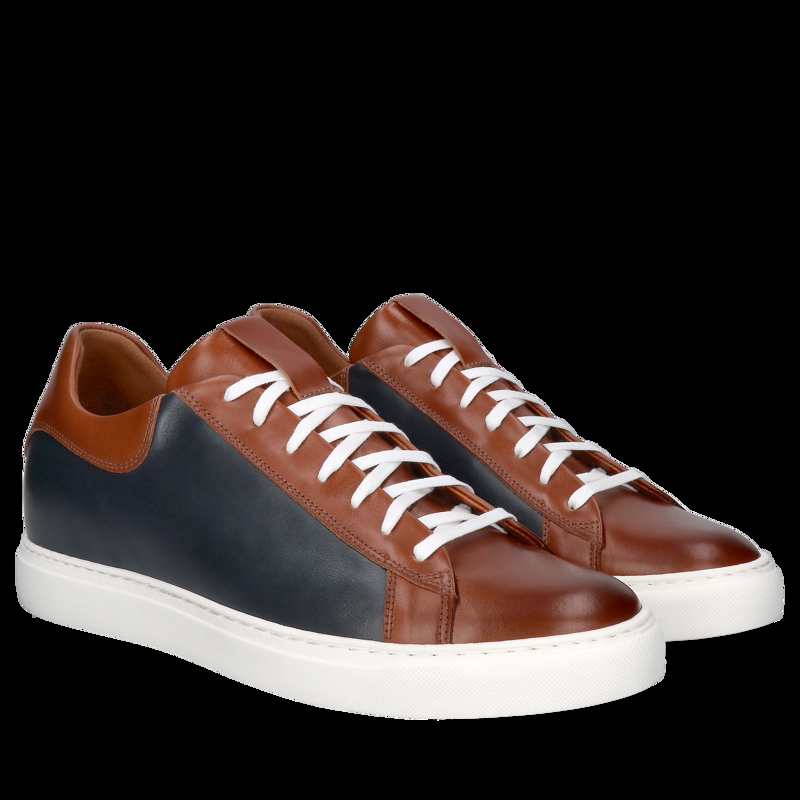 Buty podwyższające granatowo-brązowe, męskie sneakersy, skóra licowa, Conhpol, Konopka Shoes