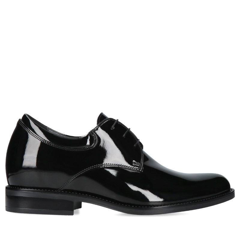 Czarne, eleganckie buty podwyższające, lakierowane derby męskie, Conhpol - polska produkcja, CH0104-05, Konopka Shoes