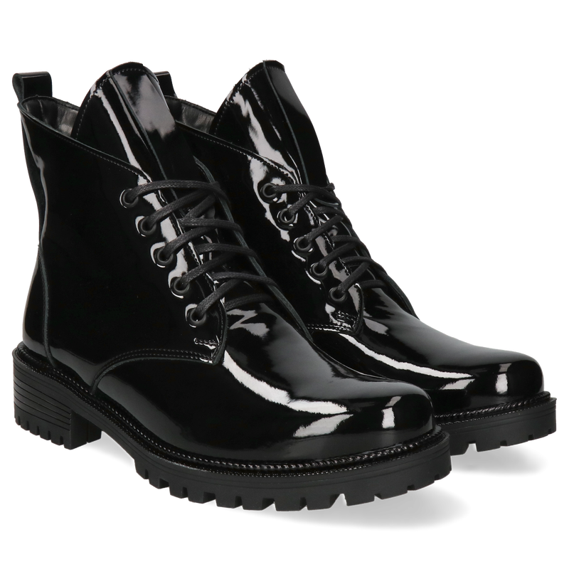 Modne botki damskie wiązane ze skóry lakierowanej, Polska marka, Conhpol Relax, Konopka Shoes