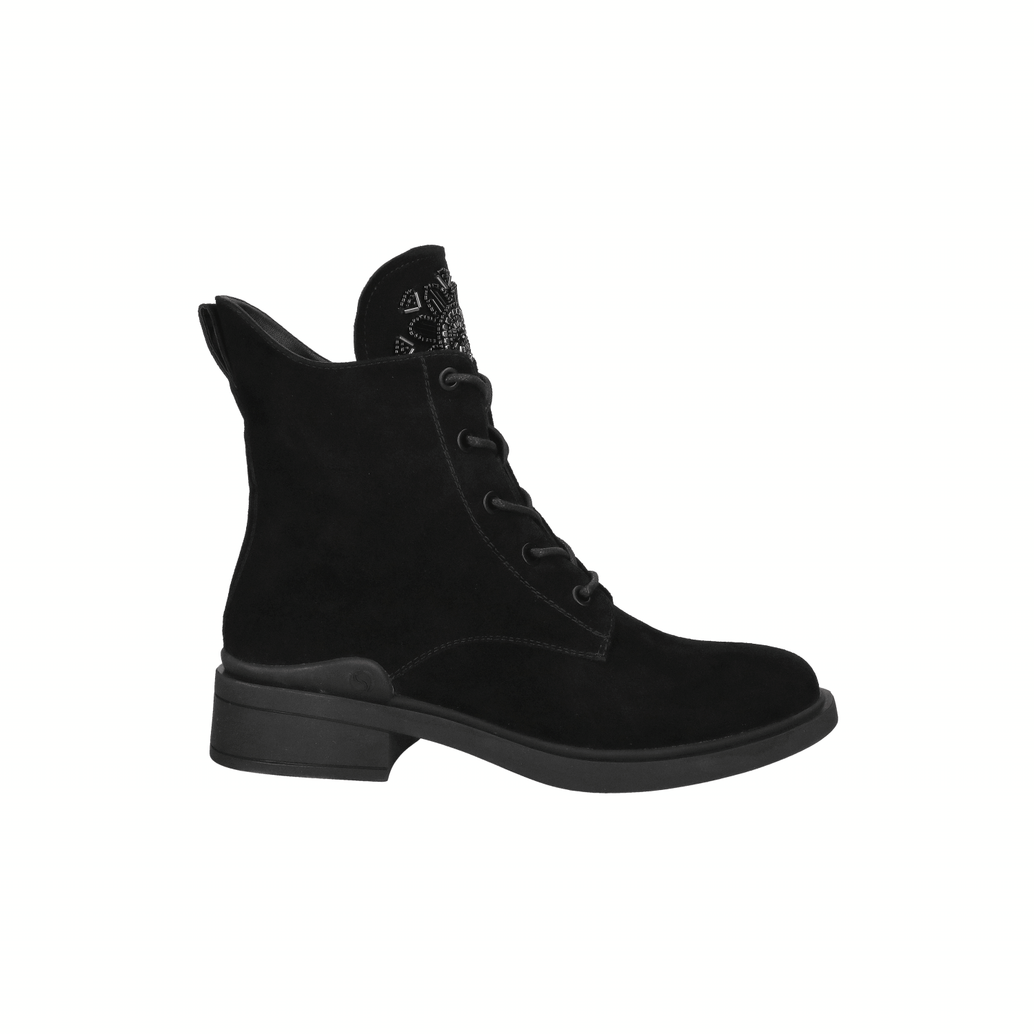 Botki damskie ocieplane czarne ze skóry zamszowej, z ozdobami, Konopka Shoes Botki damskie ocieplane czarne ze skóry zamszowej, z ozdobami, Konopka Shoes