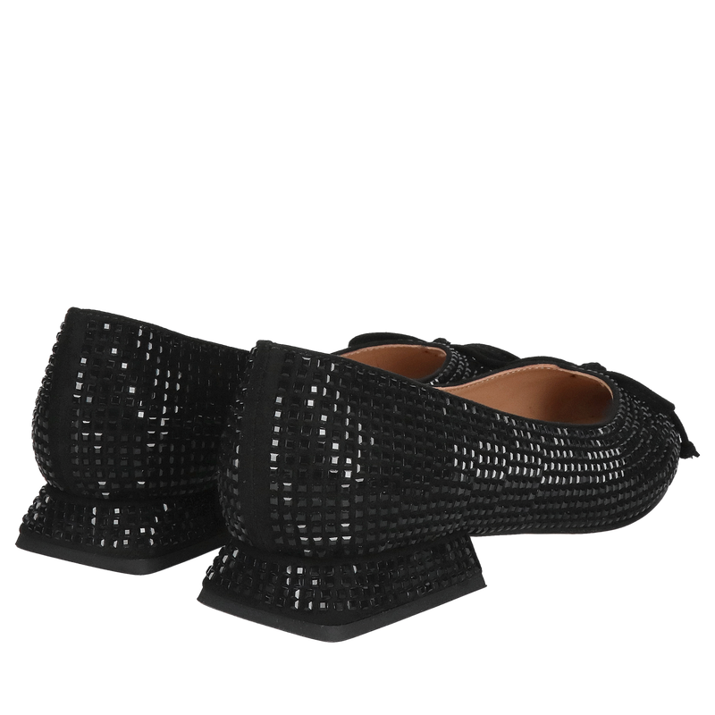 Czarne baleriny damskie z błyszczącymi kamieniami na wesele, Konopka shoes