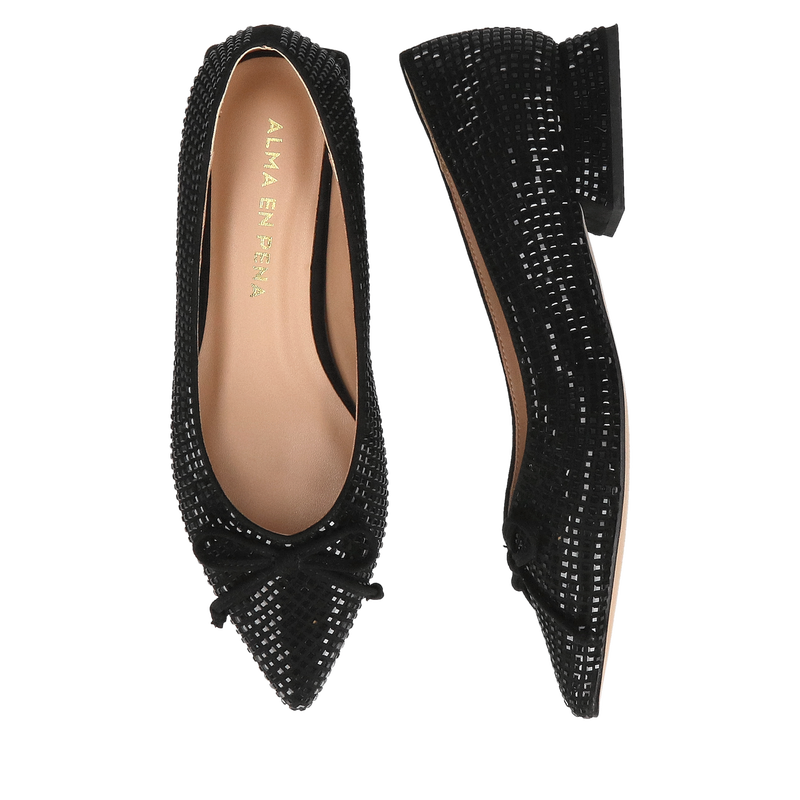 Czarne baleriny damskie z błyszczącymi kamieniami na wesele, Konopka shoes