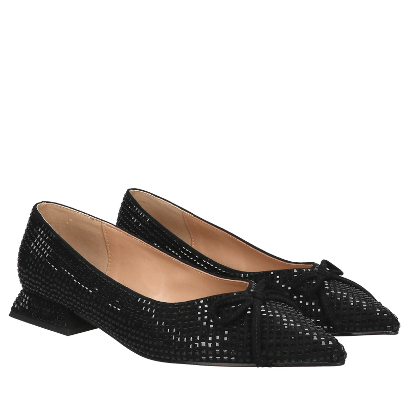 Czarne baleriny damskie z błyszczącymi kamieniami na wesele, Konopka shoes