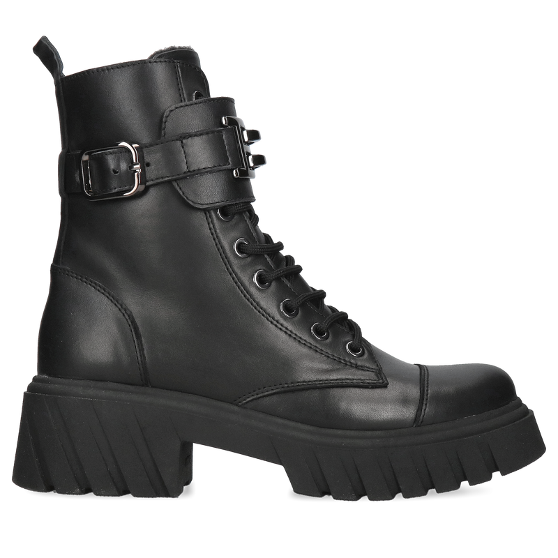 Botki damskie czarne, trzewiki ze skóry licowej, ocieplane workery z ozdobą, Konopka Shoes Botki damskie czarne, trzewiki ze skóry licowej, ocieplane workery z ozdobą, Konopka Shoes