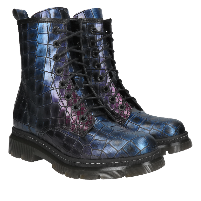 Trzewiki całoroczne sznurowane z metalicznej skóry crocco, gruba podeszwa
