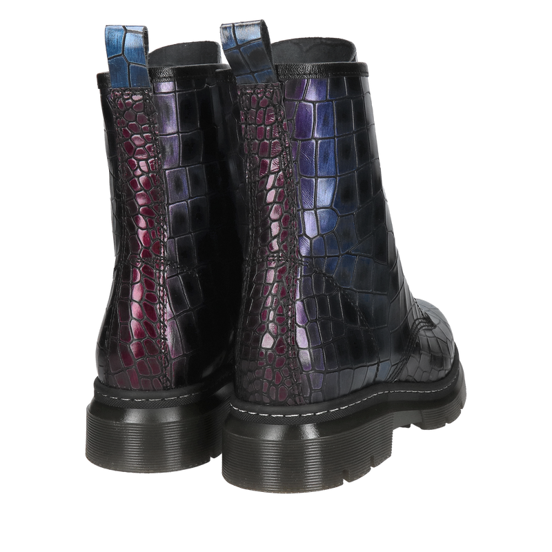 Trzewiki całoroczne sznurowane z metalicznej skóry crocco, gruba podeszwa