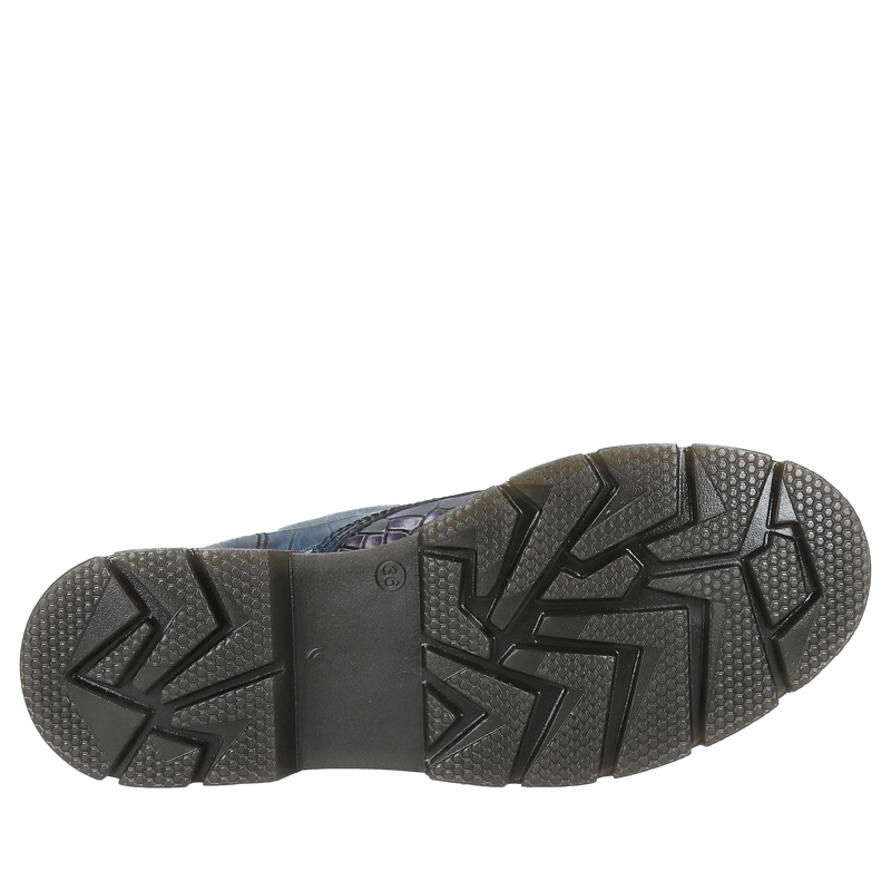 Trzewiki całoroczne sznurowane z metalicznej skóry crocco, gruba podeszwa