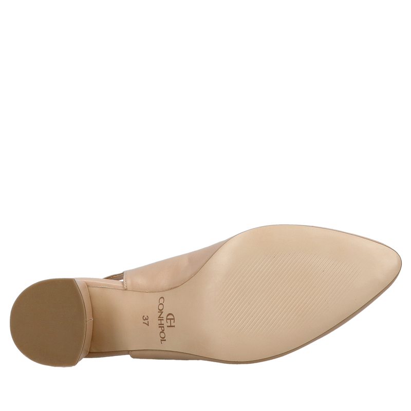 Damskie czółenka bez pięty beżowe na wesele, skórzane buty na obcasie bez pięty, polska produkcja Conhpol Bis, Konopka Shoes