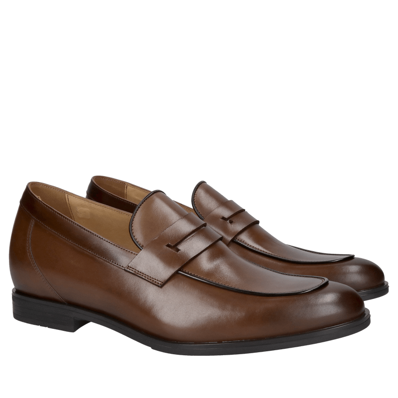 Obuwie podwyższające premium: +7cm, skóra, brąz, buty wsuwane, Polska Jakość