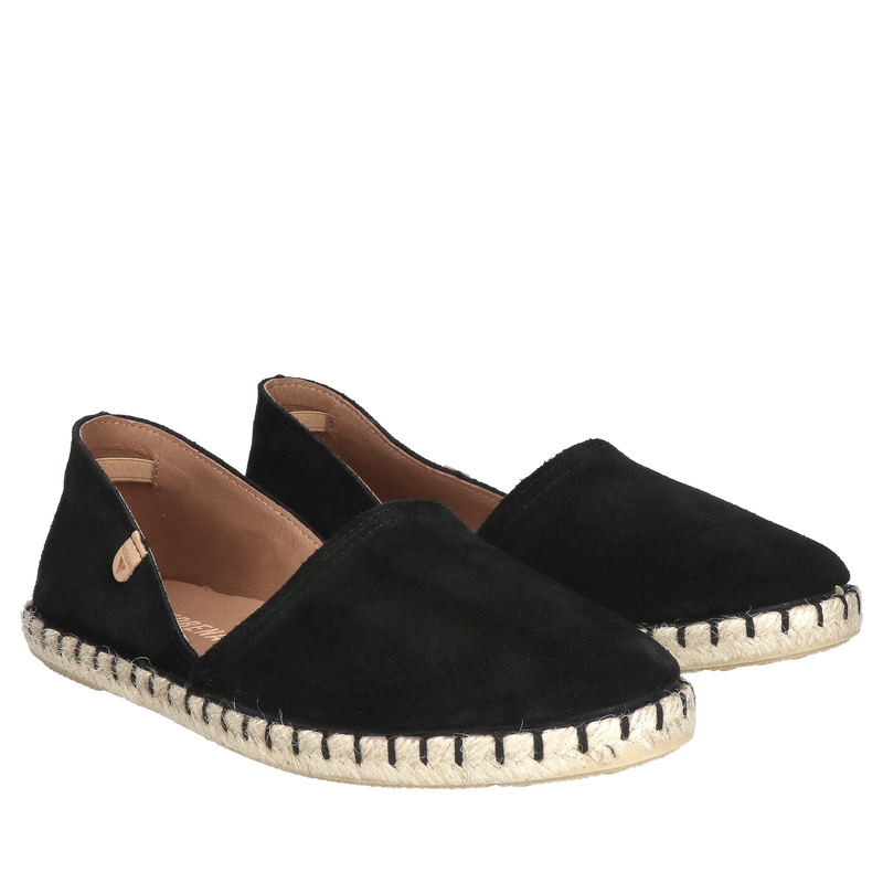Espadryle damskie czarne ze skóry zamszowej, miękkie i komfortowe Espadryle damskie czarne ze skóry zamszowej, miękkie i komfortowe