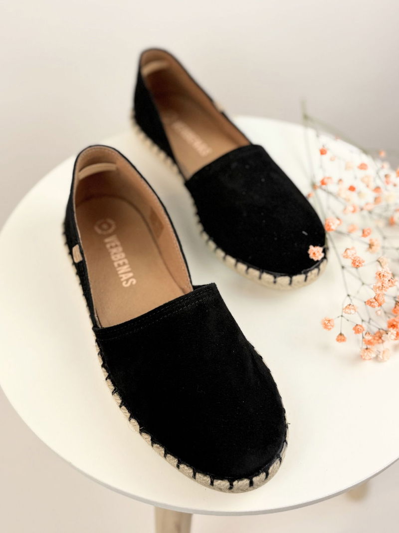 Espadryle damskie czarne ze skóry zamszowej, miękkie i komfortowe Espadryle damskie czarne ze skóry zamszowej, miękkie i komfortowe