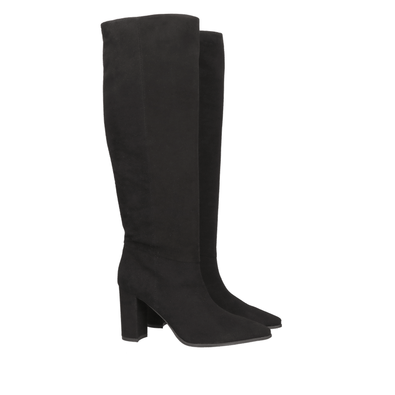 Kozaki zamszowe czarne na wysokim wygodnym słupku z szeroką cholewką, Konopka Shoes