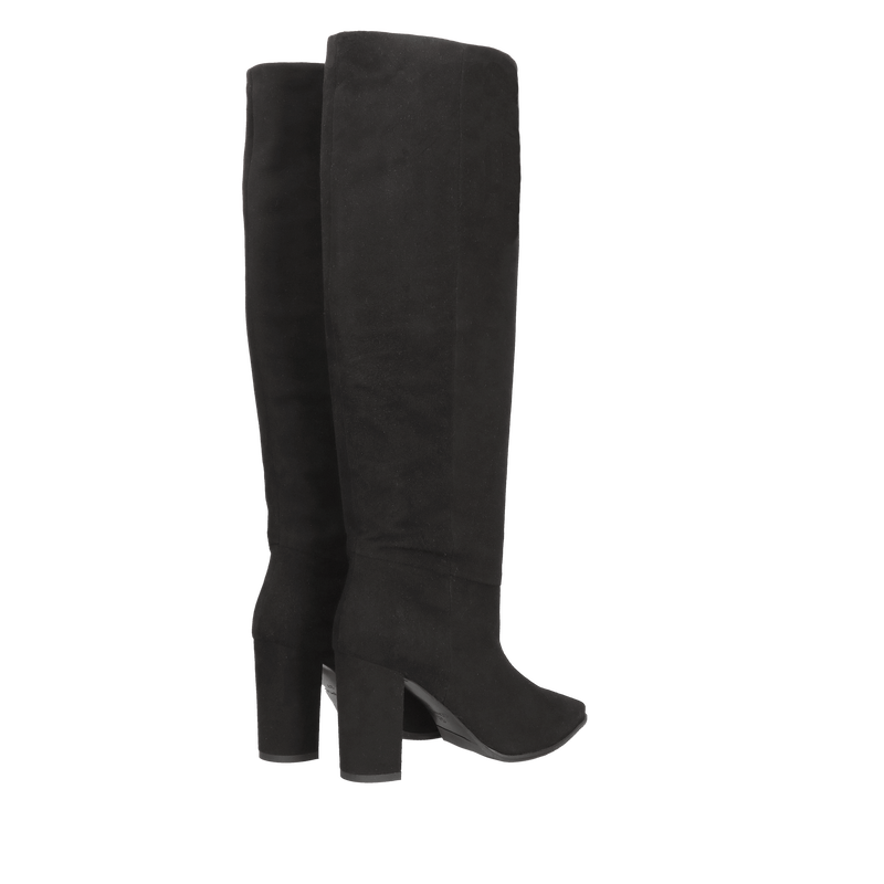 Kozaki zamszowe czarne na wysokim wygodnym słupku z szeroką cholewką, Konopka Shoes