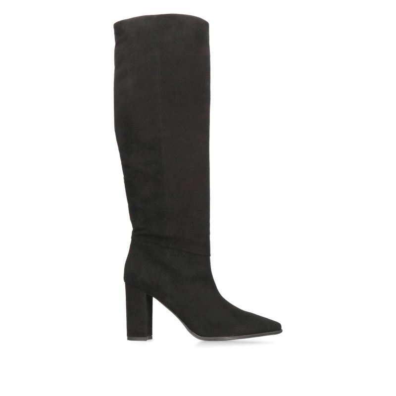 Kozaki zamszowe czarne na wysokim wygodnym słupku z szeroką cholewką, Konopka Shoes