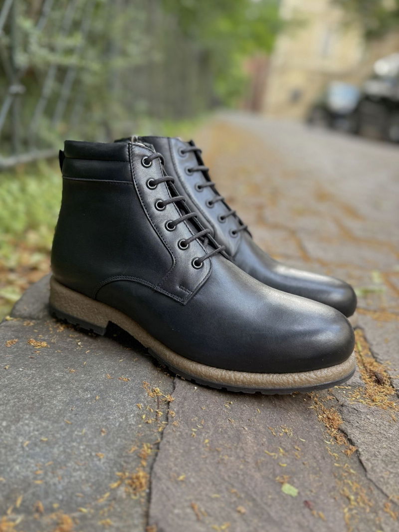 Trzewiki męskie zimowe, botki męskie sznurowane, botki z naturalnym futrem Conhpol, Konopka Shoes