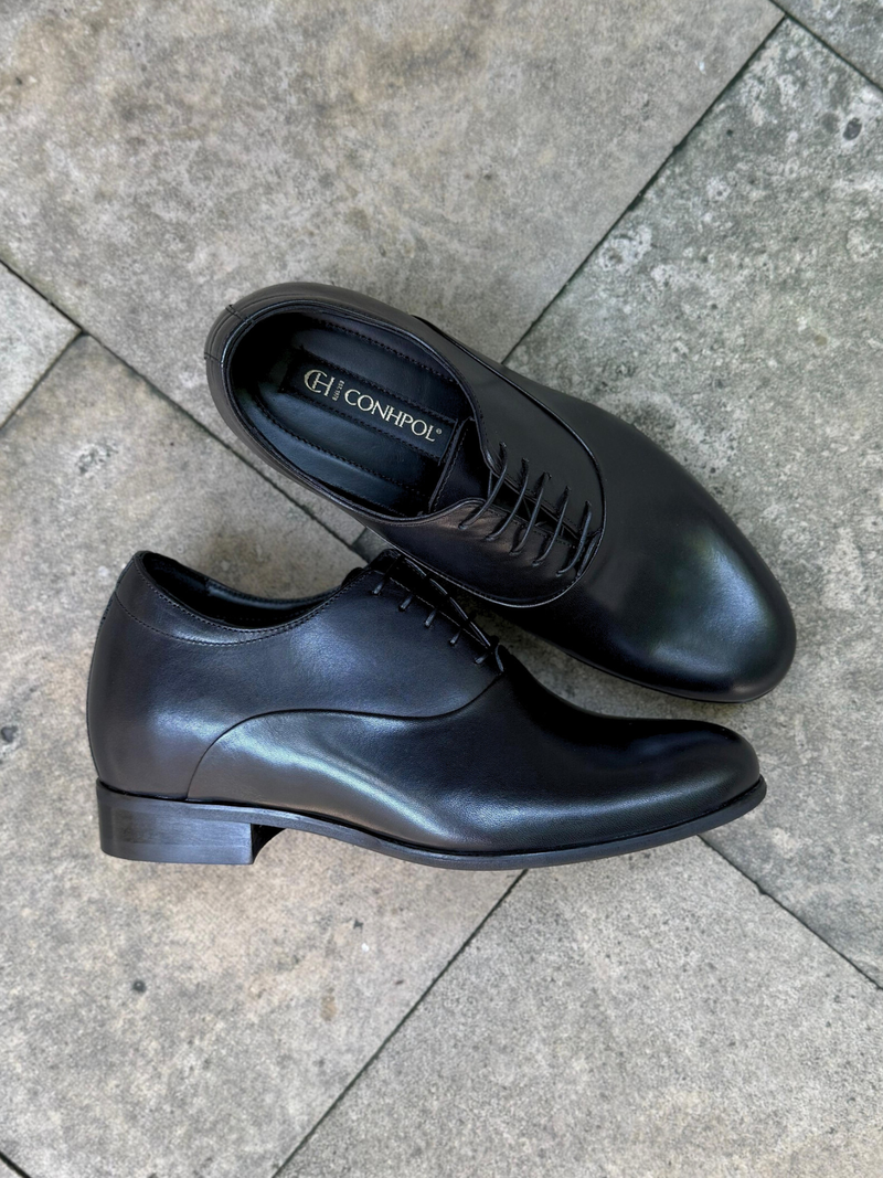 Buty eleganckie podwyższające czarne oxfordy, polski producent obuwia skórzanego Conhpol, półbuty męskie do garnituru