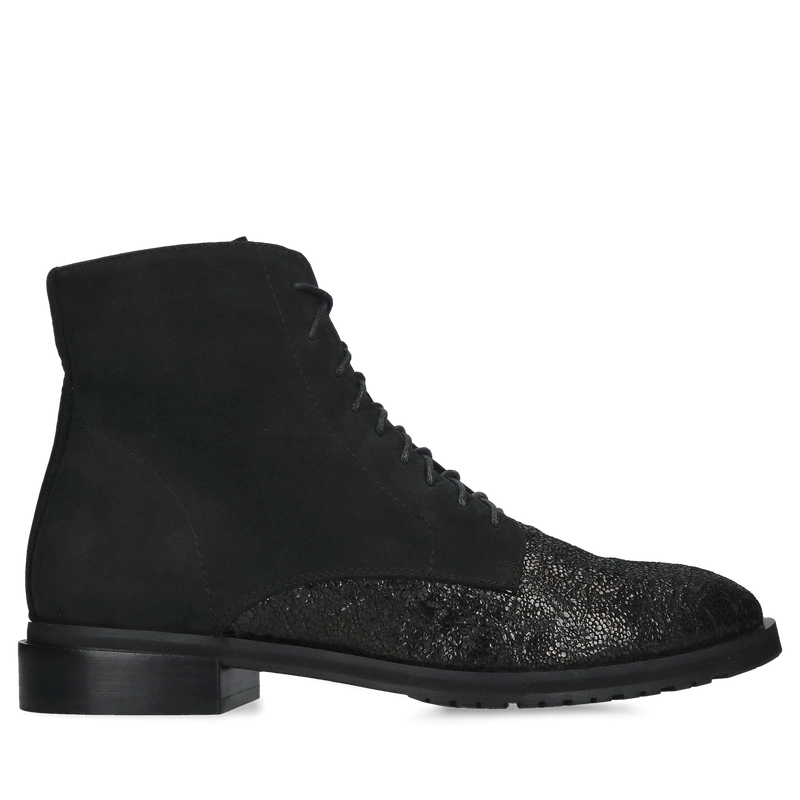 Trzewiki damskie skórzane sznurowane, połączenie dwóch faktur skór, elegancja i wygoda w jednym