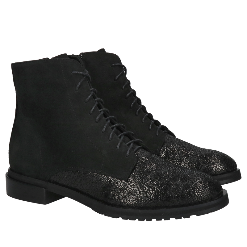 Trzewiki damskie skórzane sznurowane, połączenie dwóch faktur skór, elegancja i wygoda w jednym