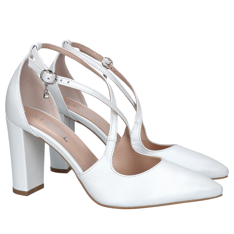 Ślubne czółenka damskie na wysokim słupku w kolorze perłowej bieli, delikatne paseczki trzymające nogę, Konopka Shoes Ślubne czółenka damskie na wysokim słupku w kolorze perłowej bieli, delikatne paseczki trzymające nogę, Konopka Shoes