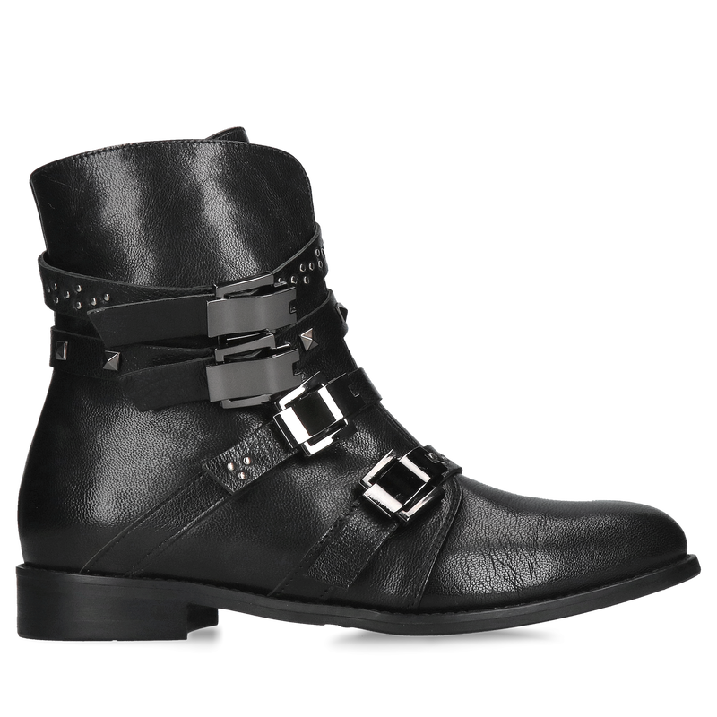 Oryginalne i wyjątkowe botki damskie ocieplane z efektywniki klamrami, buty zimowe skórzane od polskiego producenta