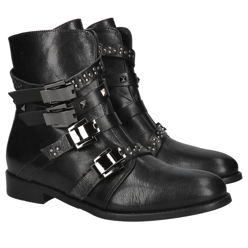 Oryginalne i wyjątkowe botki damskie ocieplane z efektywniki klamrami, buty zimowe skórzane od polskiego producenta