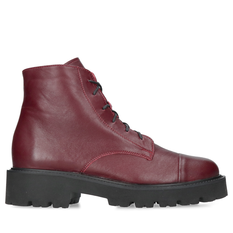 Botki damskie ze skóry naturalnej bordowej, niski sznurowany na lekkiej i wygodnej podeszwie