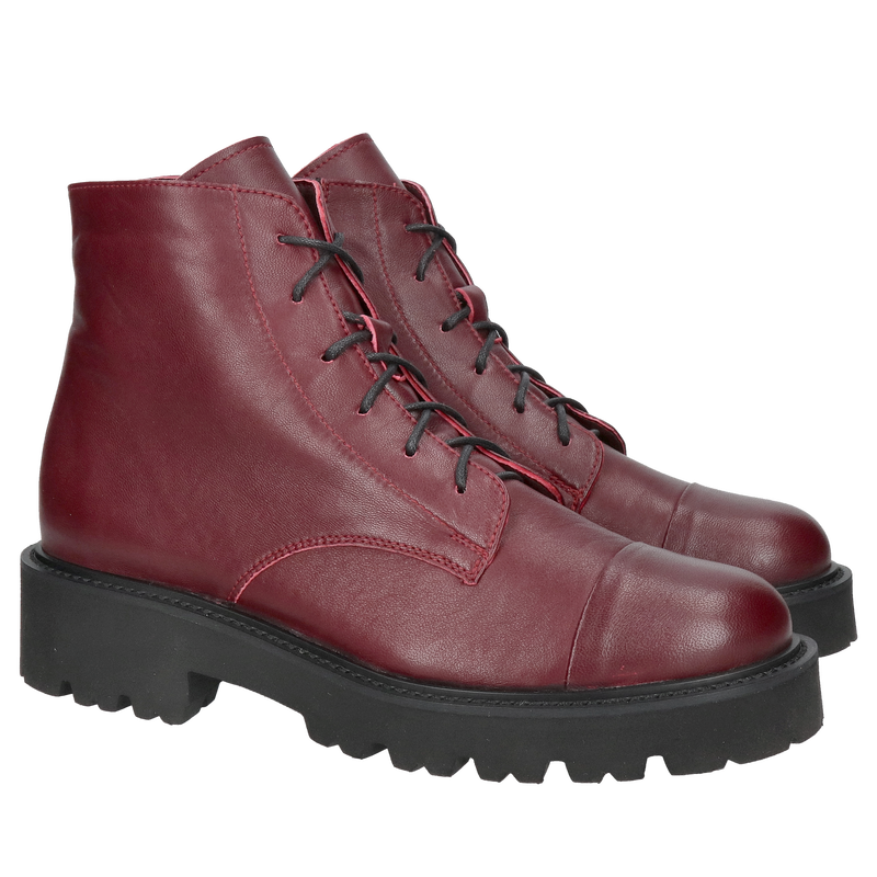 Botki damskie ze skóry naturalnej bordowej, niski sznurowany na lekkiej i wygodnej podeszwie