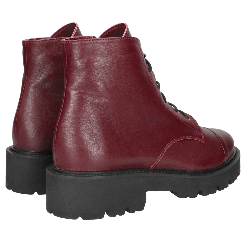 Botki damskie ze skóry naturalnej bordowej, niski sznurowany na lekkiej i wygodnej podeszwie