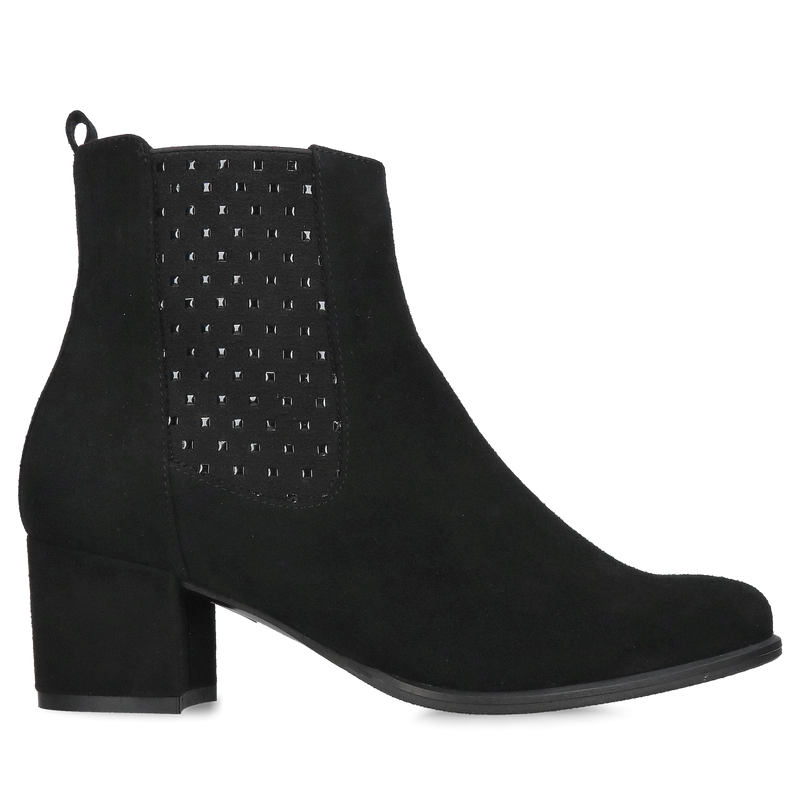 Buty zamszowe damskie, elegancja i wygoda w jednym, czarne botki na słupku