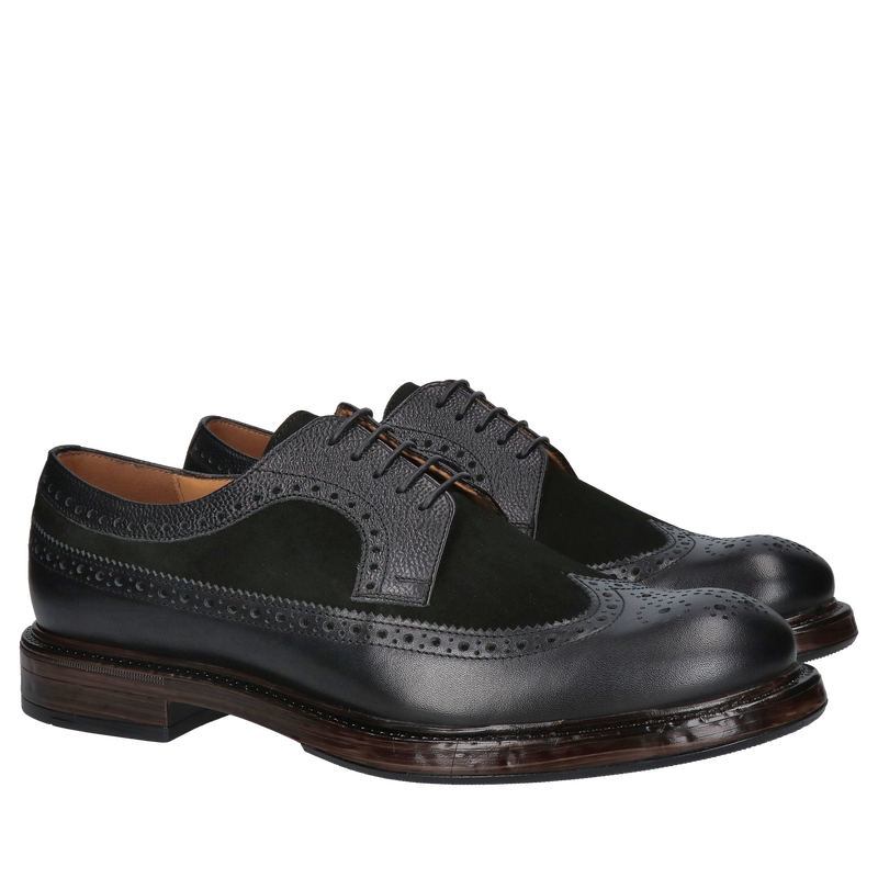 Męskie półbuty typu brogs, wyjątkowe miękkie wkładki Conhpol, buty męskie czarne licowo-zamszowe