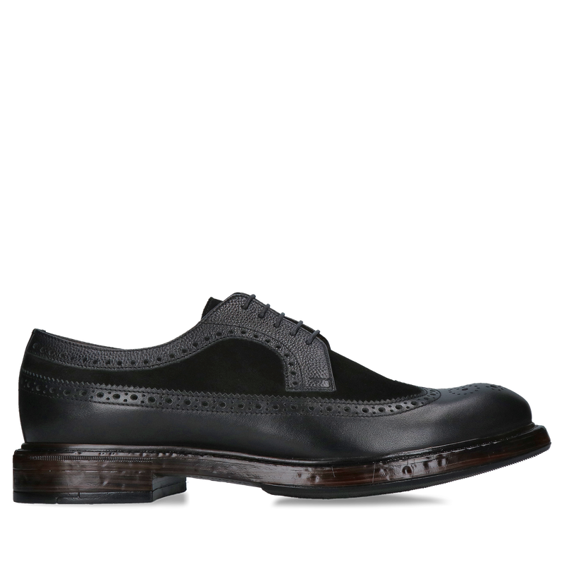 Męskie półbuty typu brogs, wyjątkowe miękkie wkładki Conhpol, buty męskie czarne licowo-zamszowe