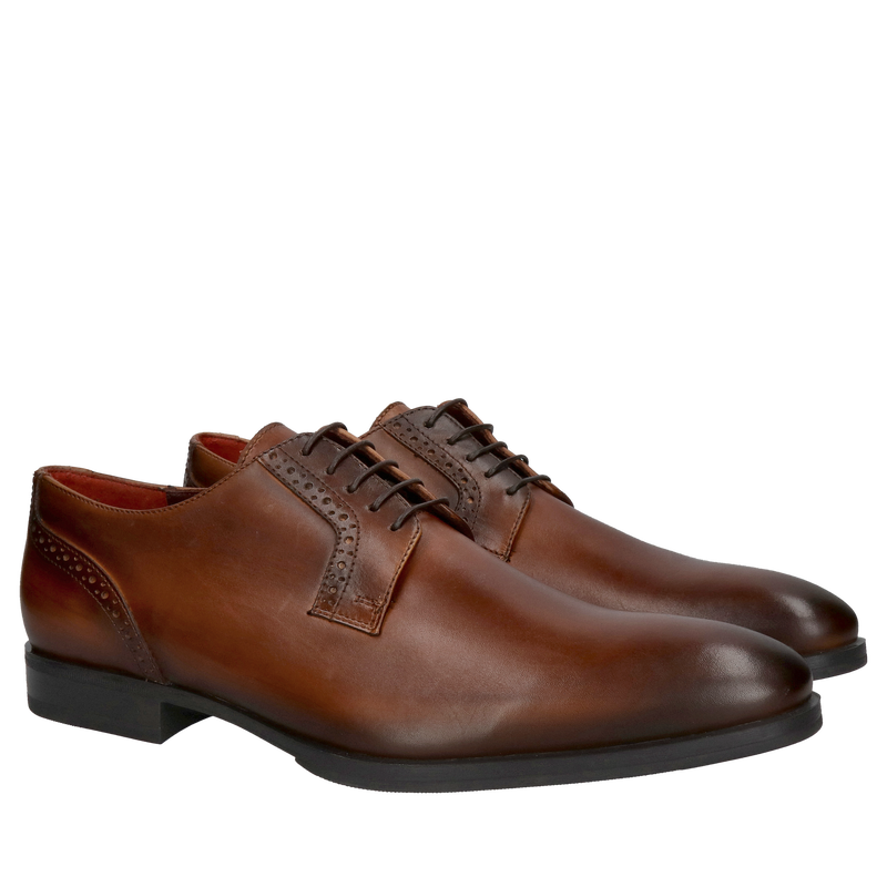 Brązowe buty męskie ręcznie malowane, brązowe buty do garnituru, smukły kształt z delikatnymi zdobieniami