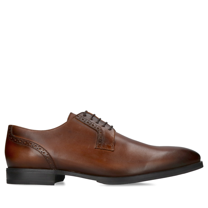 Brązowe buty męskie ręcznie malowane, brązowe buty do garnituru, smukły kształt z delikatnymi zdobieniami