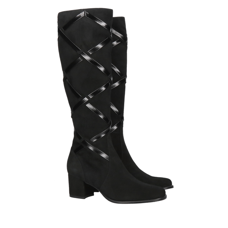 Kozaki zamszowe czarne, kozaki damskie na słupku, komfortowe kozaki ze skóry