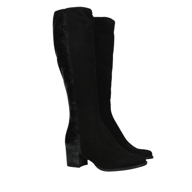 Kozaki damskie zamsz połączone ze skórą lakierowaną, wygodne kozaki na niskim słupku, wysoka jakość i komfort