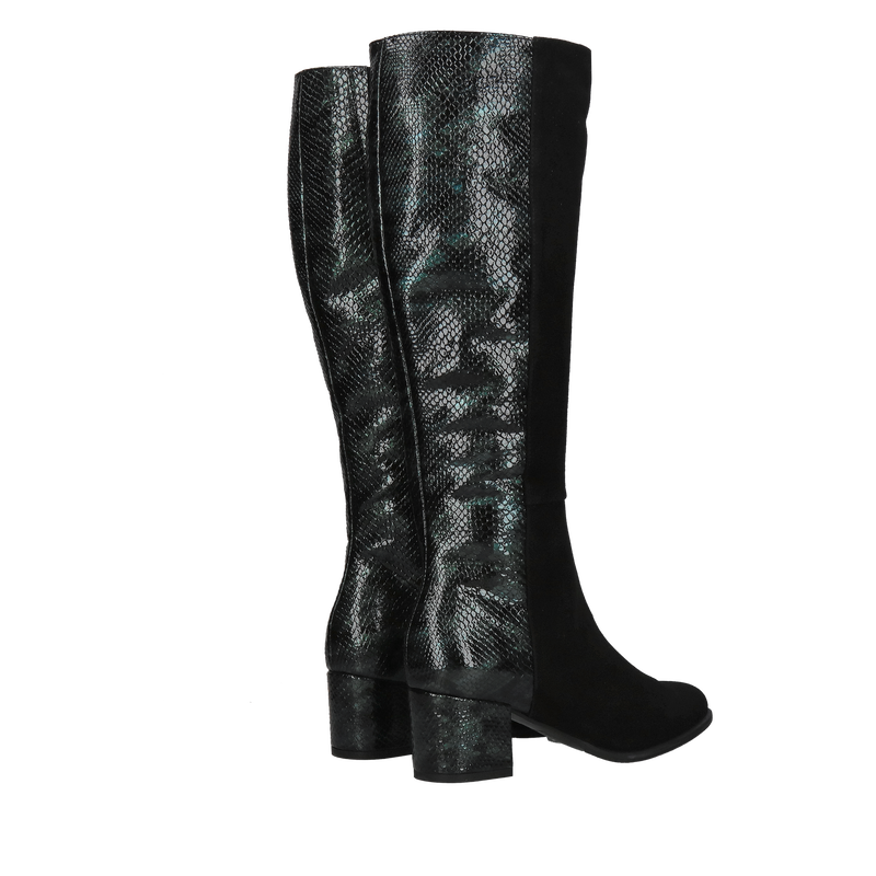 Kozaki damskie zamsz połączone ze skórą lakierowaną, wygodne kozaki na niskim słupku, wysoka jakość i komfort