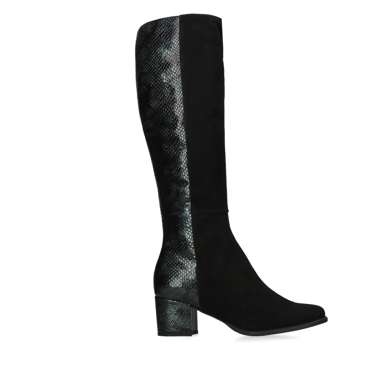 Kozaki damskie zamsz połączone ze skórą lakierowaną, wygodne kozaki na niskim słupku, wysoka jakość i komfort