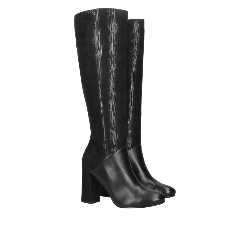 Czarne kozaki damskie na wysokim obcasie, kozaki eleganckie ze skóry z okrągłym przodem