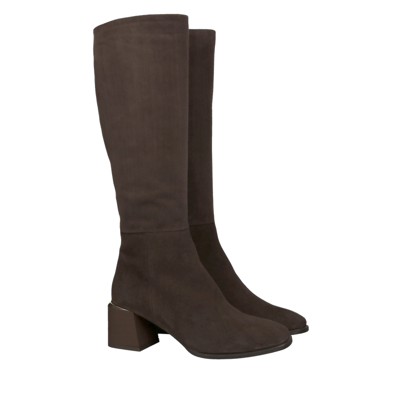 Kozaki zamszowe na słupku, brązowe damskie kozaki ze skóry zamszowej, kozaki w modnym czekoladowym kolorze